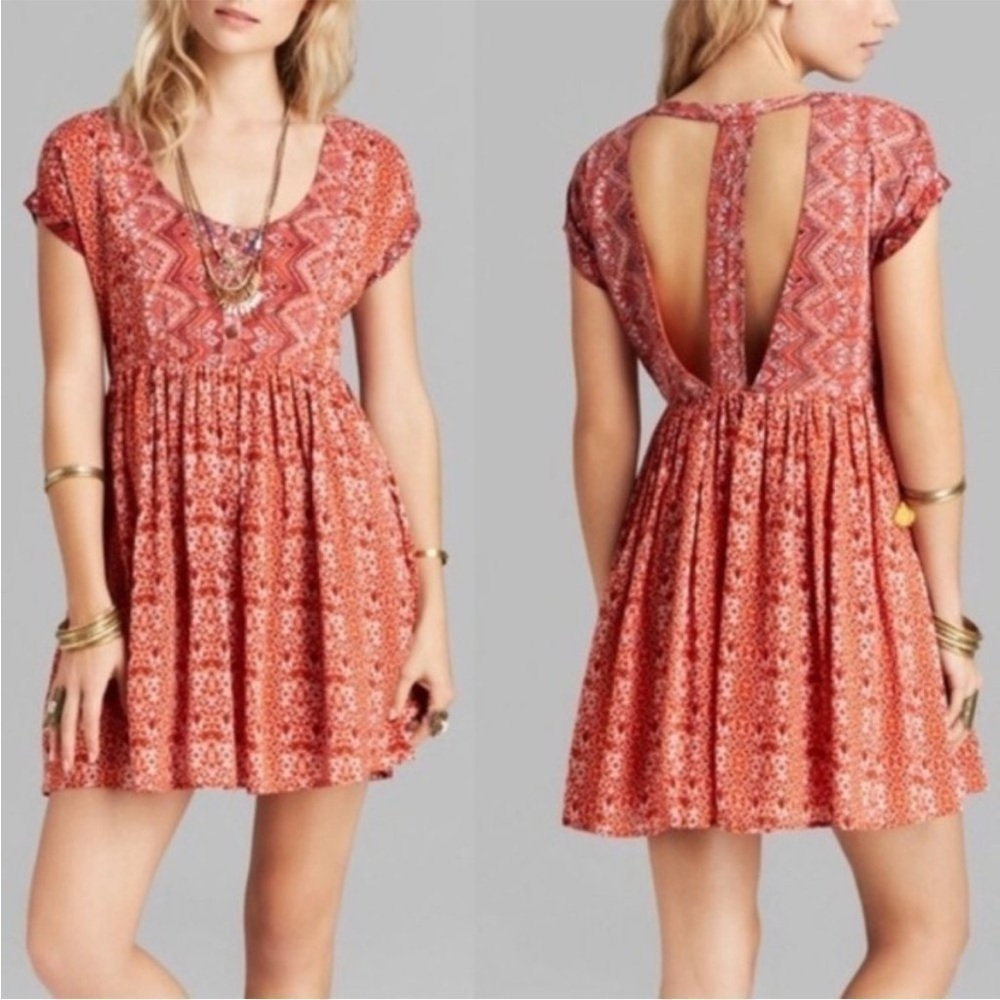 Free People Sundown Babydoll Dress Spilt Open Back Flowy Aztec Print - Picture 7 of 7